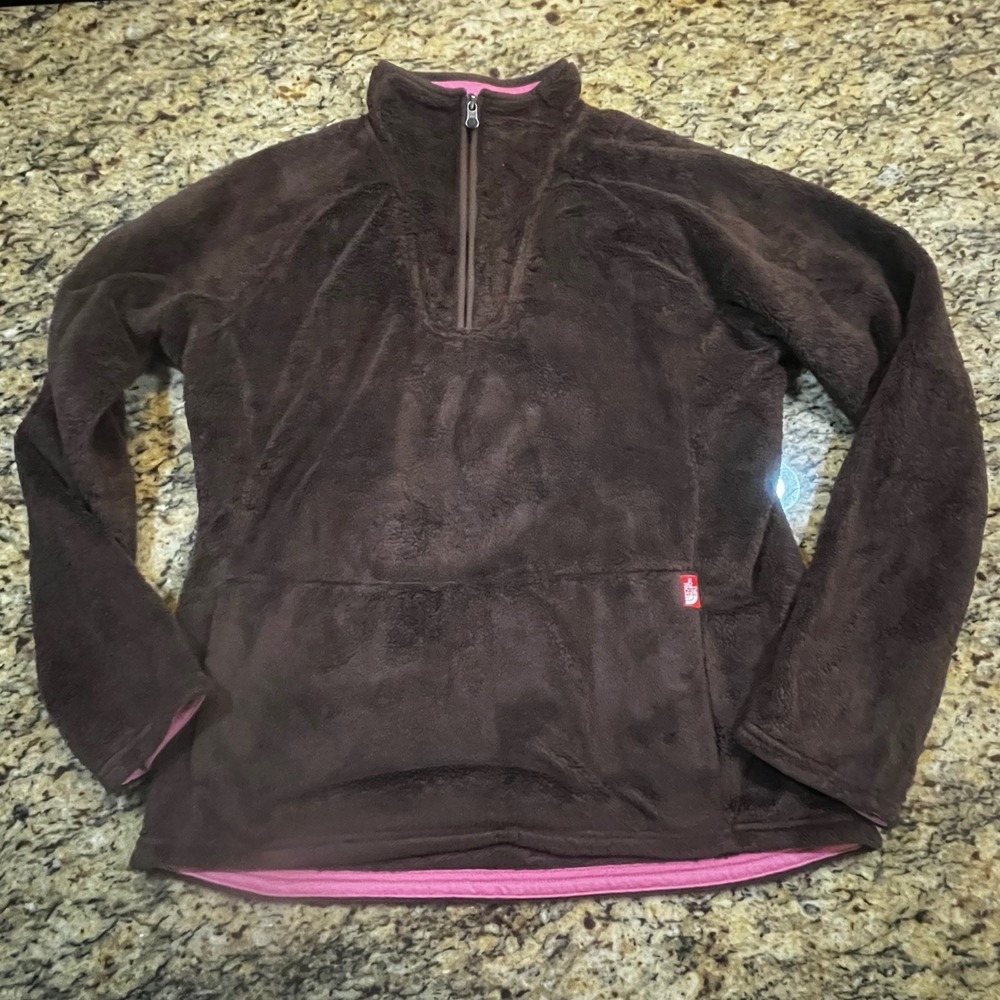 The North‎ Face Osito Quarter Zip Fleece Pullover Brown Pink Trim Womens XL